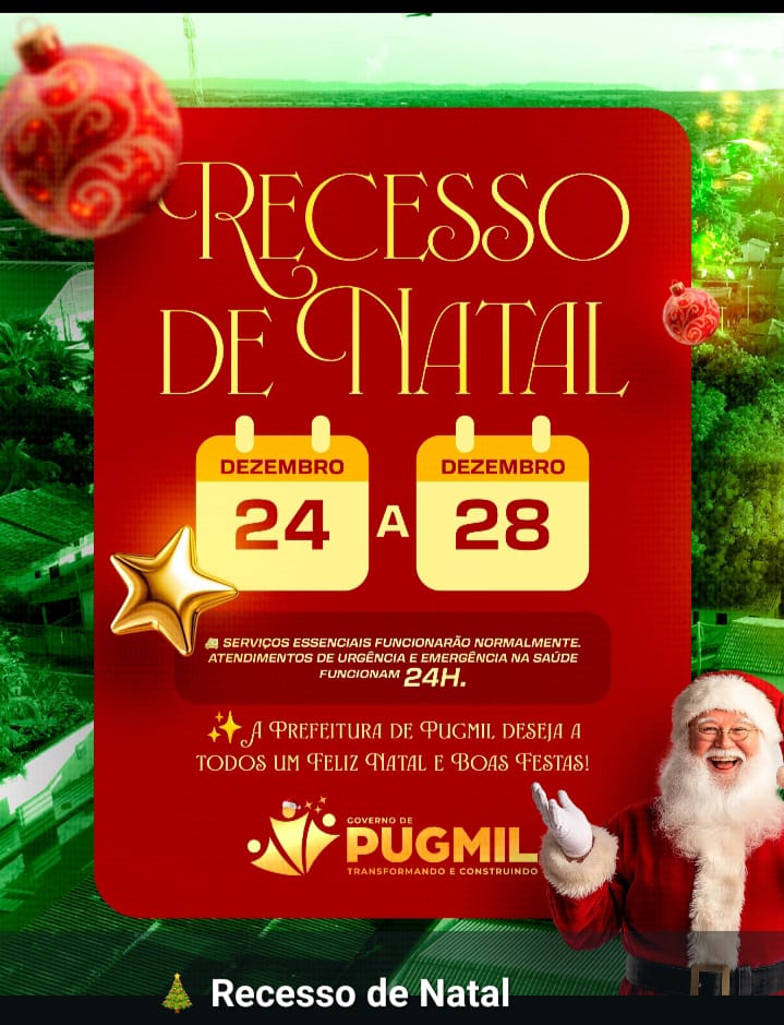 Prefeitura de Pugmil comunica recesso de Natal